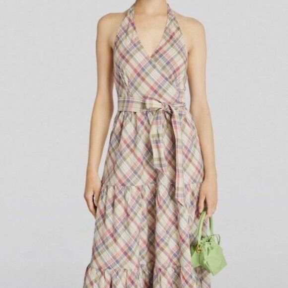 NEW Polo Ralph Lauren Madras Tiered Wrap Maxi Halter Dress Cottagecore Size 10 - Picture 3 of 14